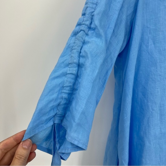 IC by Connie K Blue 100% Linen Drawstring Ruched 3/4 Sleeve Tunic Blouse Medium - Picture 5 of 9